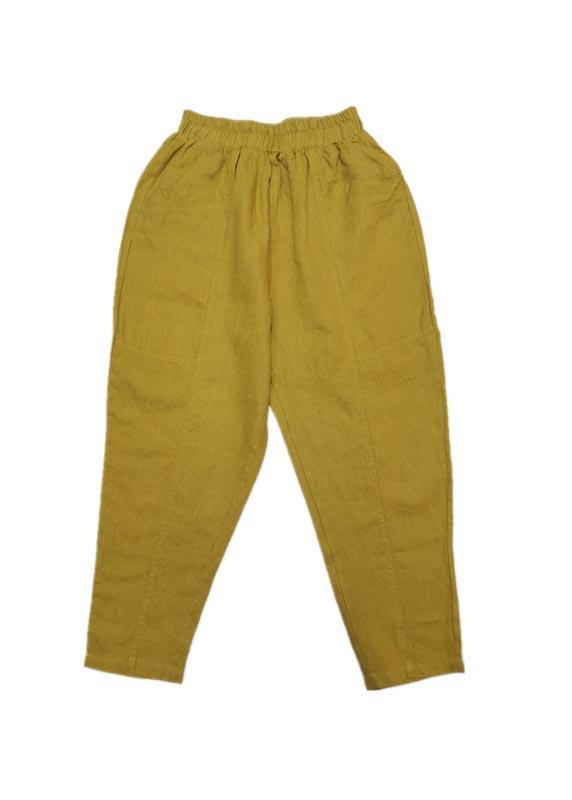 Natural Yellow Pockets Cotton Linen  Pants Summer - Omychic