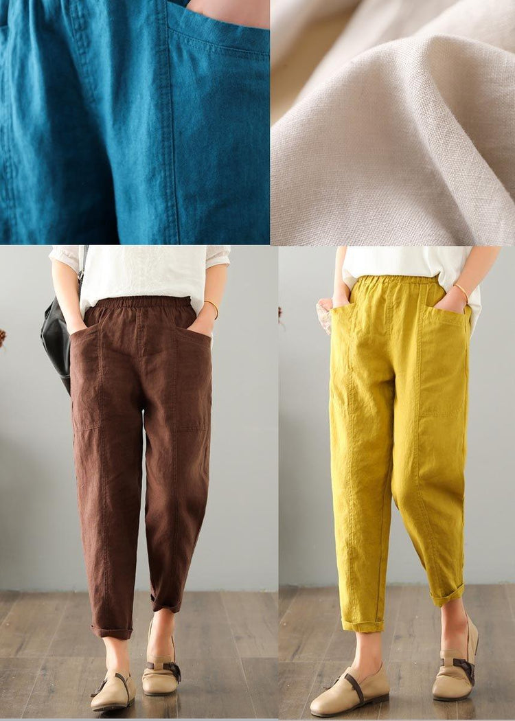 Natural Yellow Pockets Cotton Linen  Pants Summer - Omychic