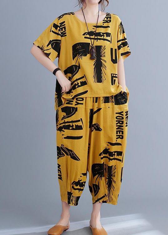 Natural Yellow Print  Half Sleeve Summer Two Pieces Set - Omychic