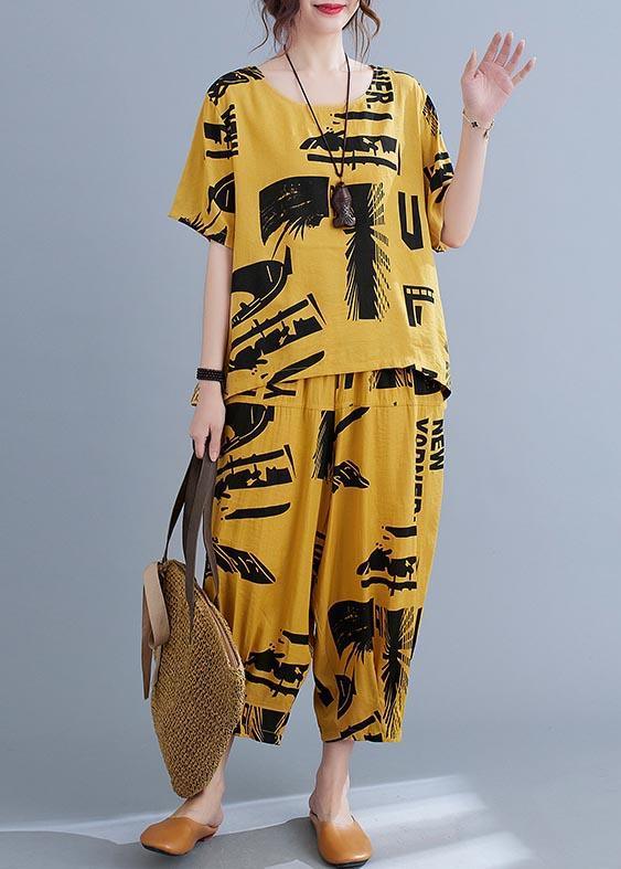 Natural Yellow Print  Half Sleeve Summer Two Pieces Set - Omychic