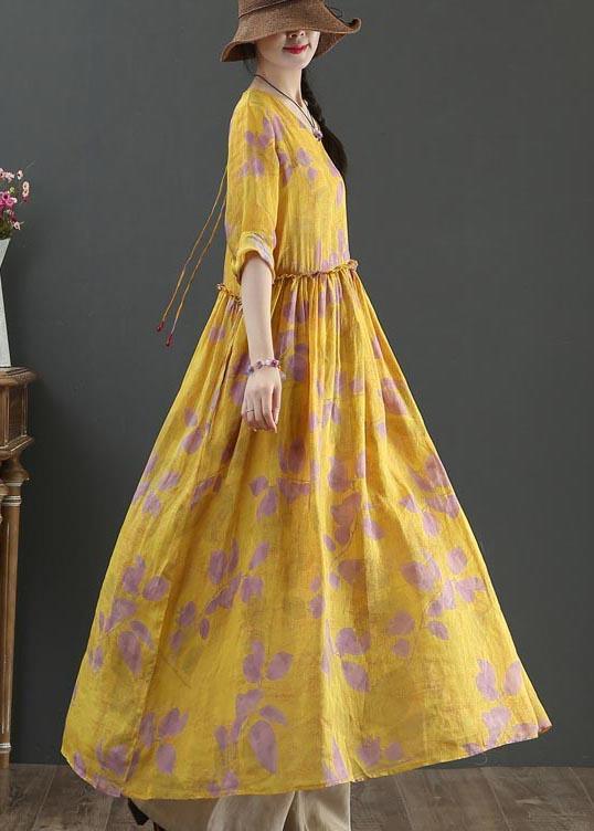 Natural Yellow Print Linen Cinched Summer Dress - Omychic