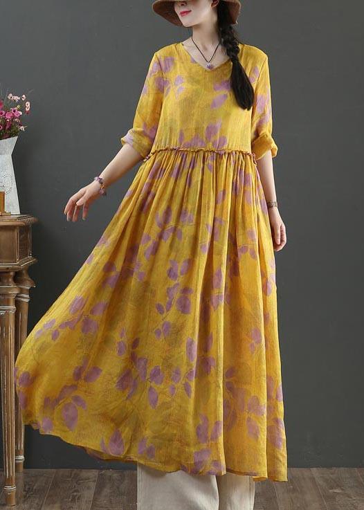 Natural Yellow Print Linen Cinched Summer Dress - Omychic