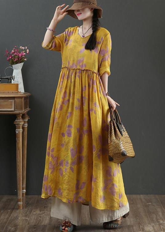 Natural Yellow Print Linen Cinched Summer Dress - Omychic