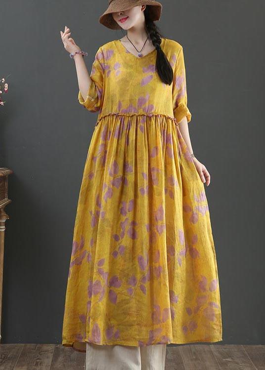 Natural Yellow Print Linen Cinched Summer Dress - Omychic