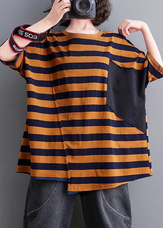 Natural Yellow Striped Half Sleeve Cotton Summer Top - Omychic