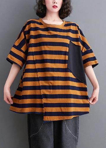 Natural Yellow Striped Half Sleeve Cotton Summer Top - Omychic
