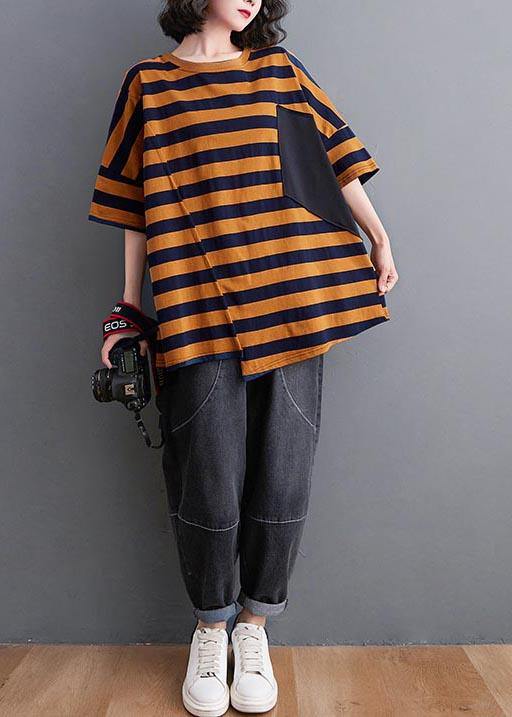Natural Yellow Striped Half Sleeve Cotton Summer Top - Omychic