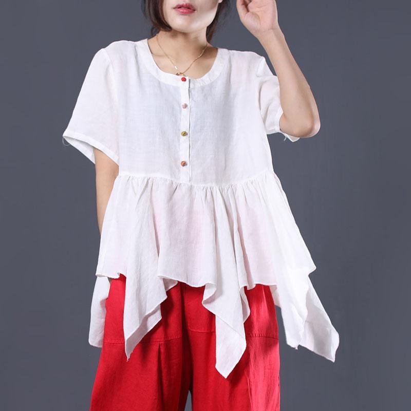 Natural asymmetric hem linen clothes For Women Christmas Gifts white blouses summer - Omychic