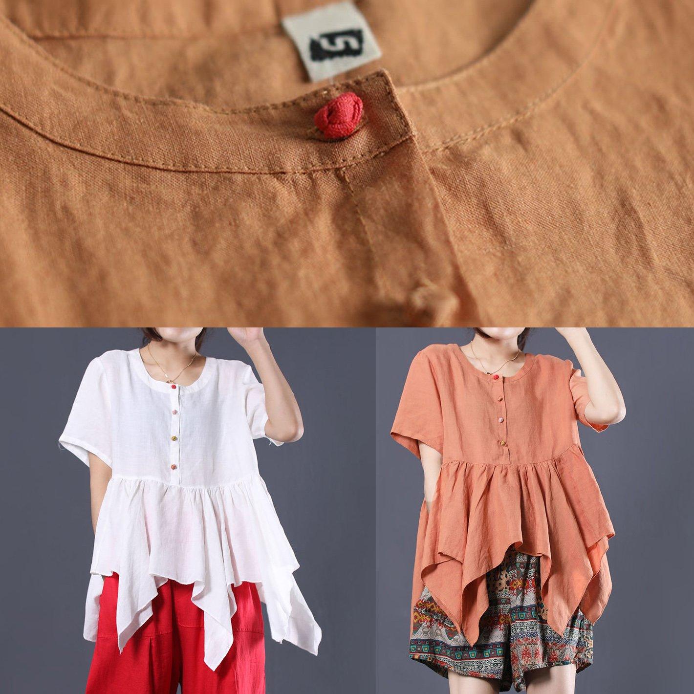 Natural asymmetric hem linen clothes For Women Christmas Gifts white blouses summer - Omychic