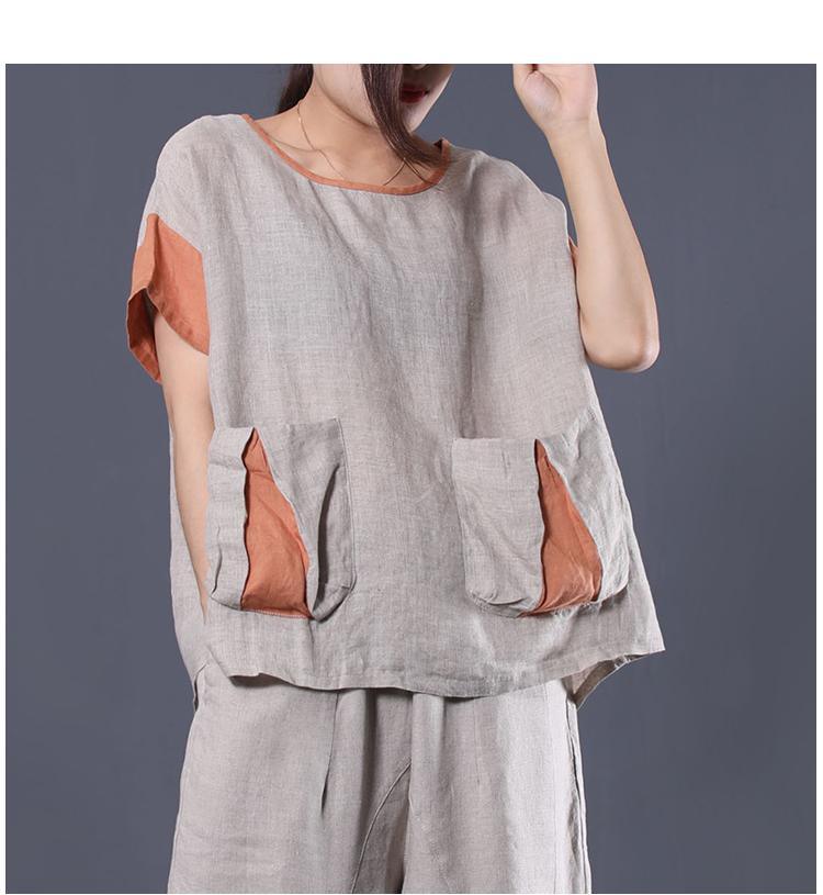 Natural asymmetric patchwork linen tunic top Photography beige shirts summer - Omychic