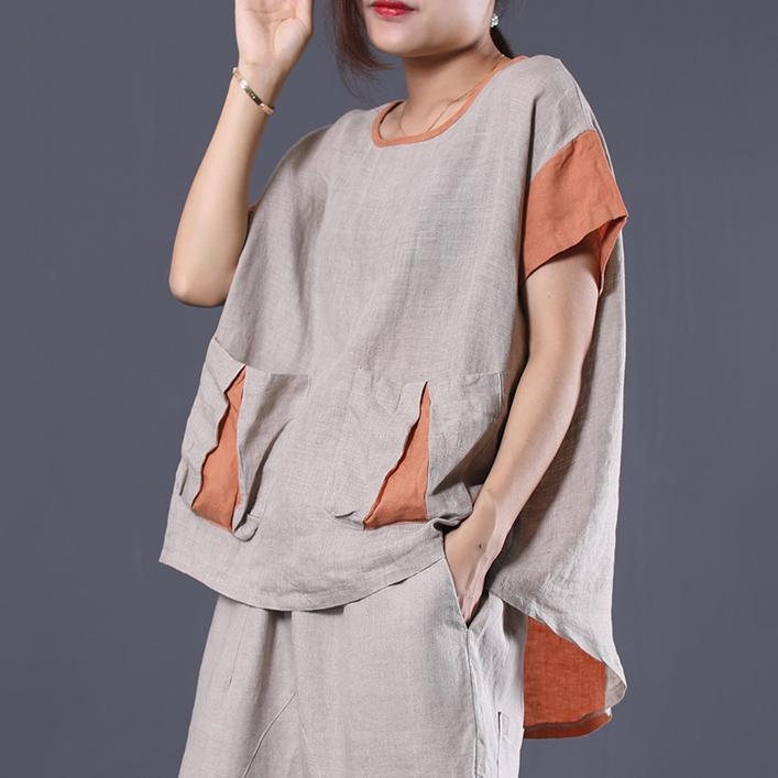 Natural asymmetric patchwork linen tunic top Photography beige shirts summer - Omychic