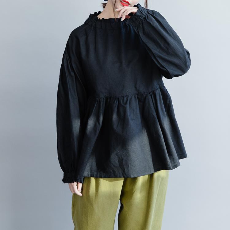 Natural black cotton tunic top stylish Inspiration Ruffled wrinkled loose spring blouse - Omychic