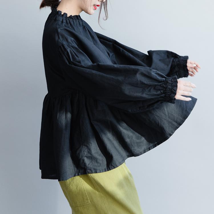 Natural black cotton tunic top stylish Inspiration Ruffled wrinkled loose spring blouse - Omychic