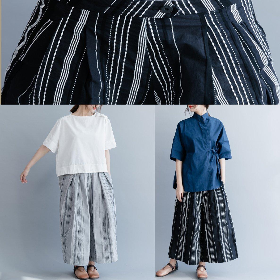 Natural black striped linen clothes Fitted pattern wide leg pants pockets baggy spring - Omychic