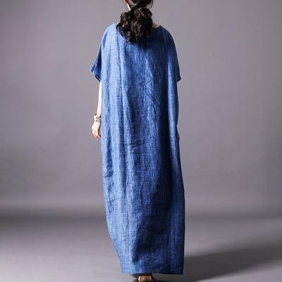 Natural blue Metropolitan Museum Vintage Ramie Loose Large Size Batwing Sleeve Dress - Omychic