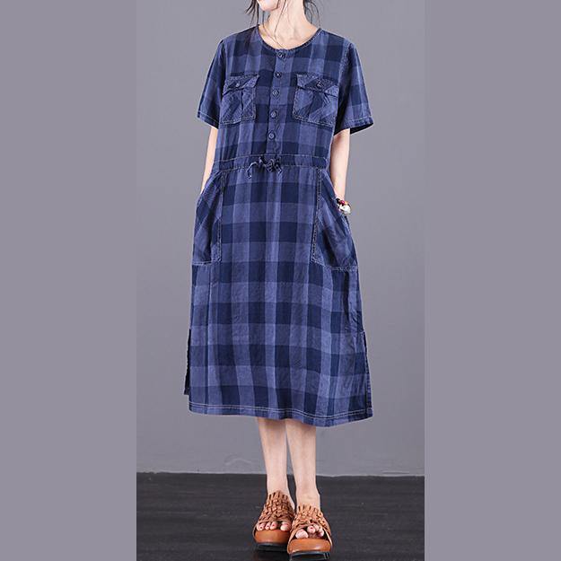 Natural blue Plaid Wardrobes o neck drawstring tunic summer Dress - Omychic