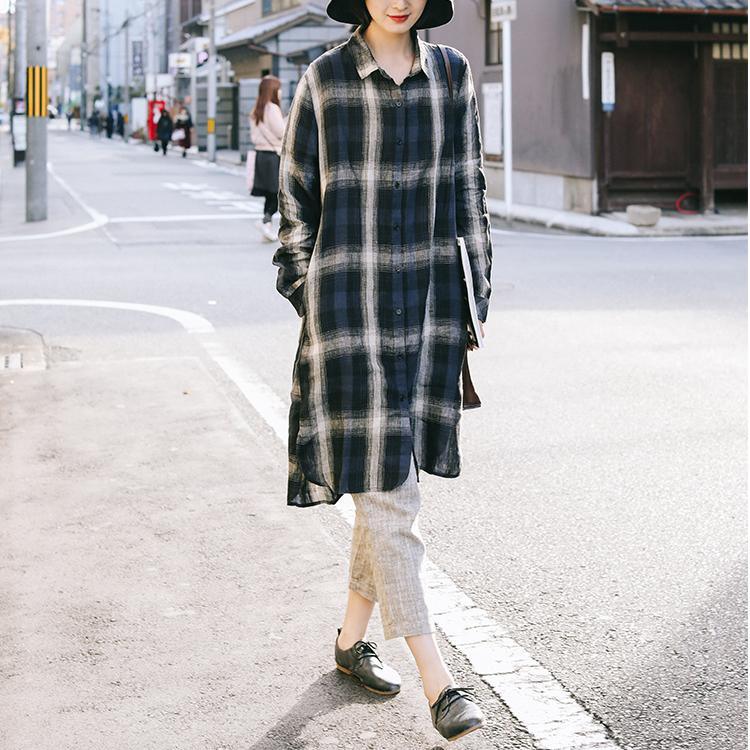 Natural blue plaid linen Long Shirts Organic Tutorials lapel side open Art spring Dress - Omychic