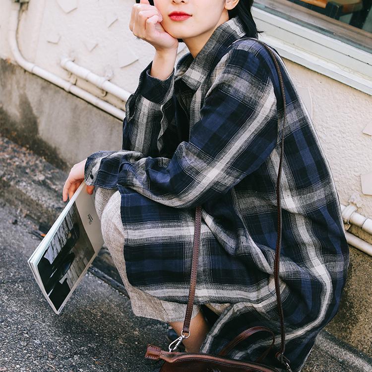 Natural blue plaid linen Long Shirts Organic Tutorials lapel side open Art spring Dress - Omychic