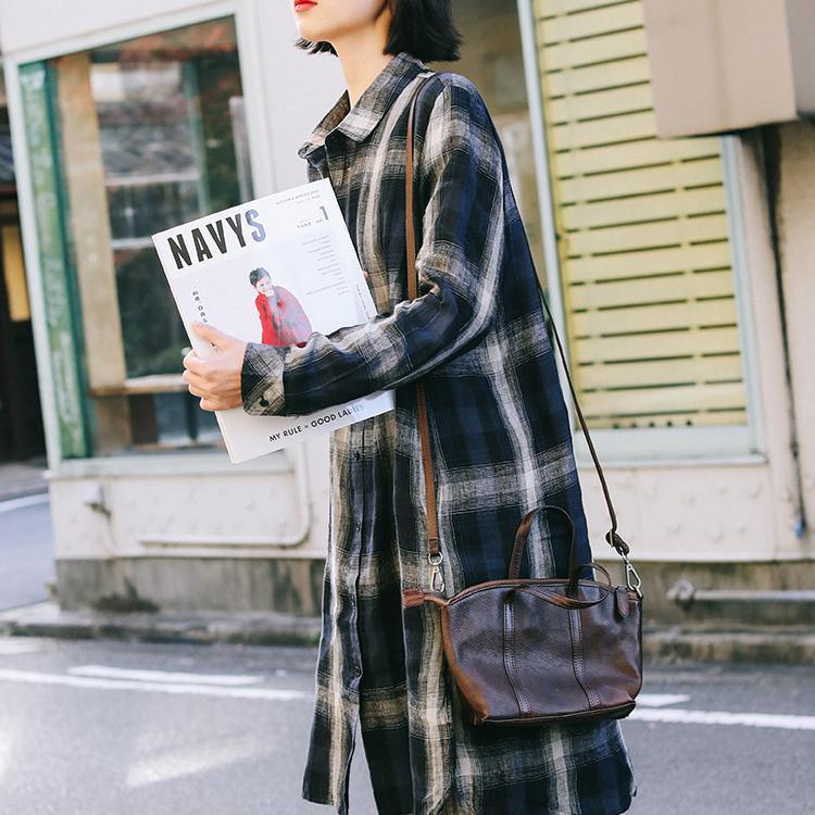 Natural blue plaid linen Long Shirts Organic Tutorials lapel side open Art spring Dress - Omychic