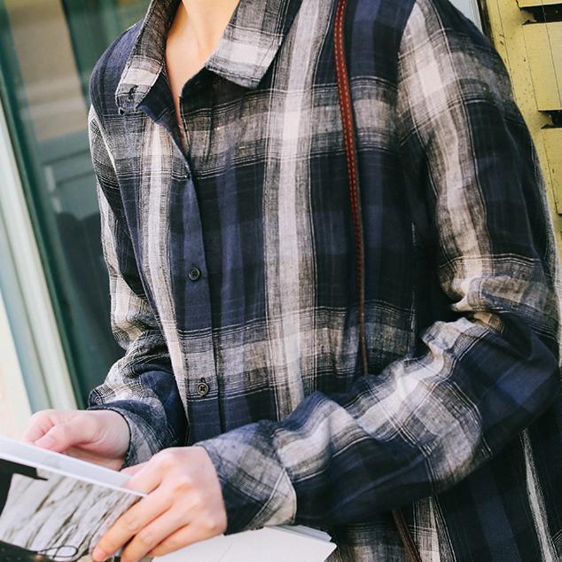 Natural blue plaid linen Long Shirts Organic Tutorials lapel side open Art spring Dress - Omychic