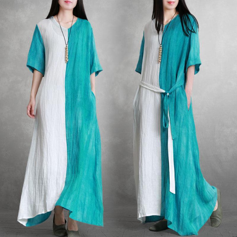 Natural blue white linen dresses o neck patchwork tie waist linen robes summer Dresses - Omychic