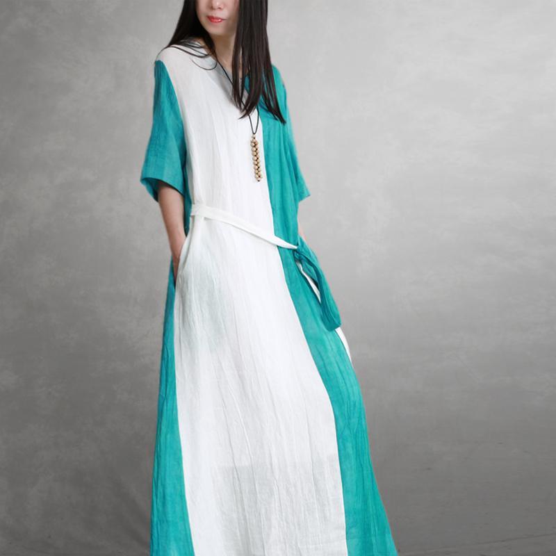 Natural blue white linen dresses o neck patchwork tie waist linen robes summer Dresses - Omychic