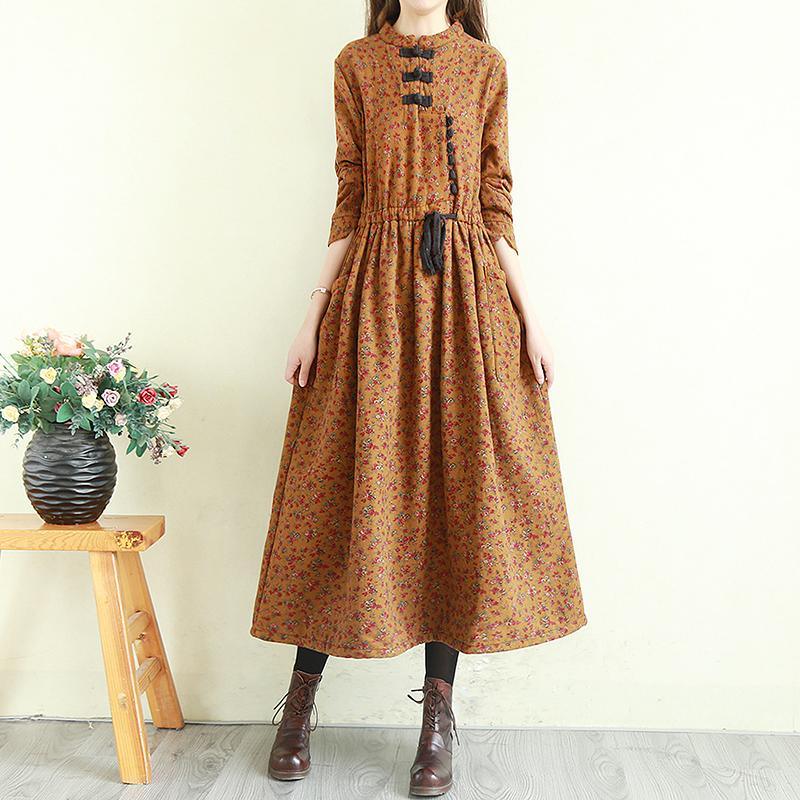Natural brown print linen dress stand collar patchwork Robe fall Dress - Omychic
