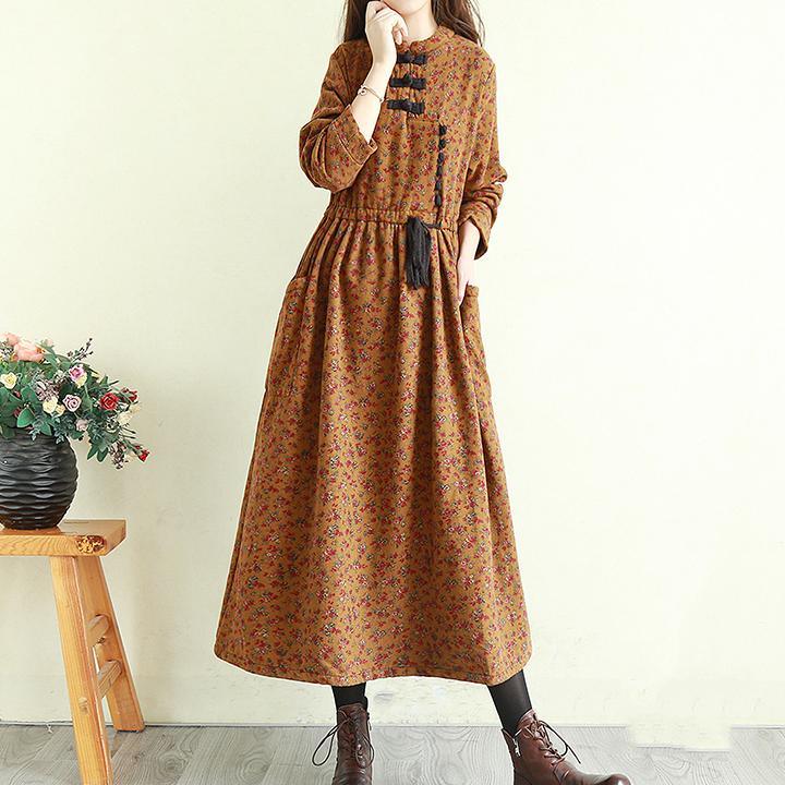 Natural brown print linen dress stand collar patchwork Robe fall Dress - Omychic
