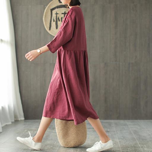Natural burgundy embroidery Linen clothes Women o neck half sleeve short summer Dresses - Omychic