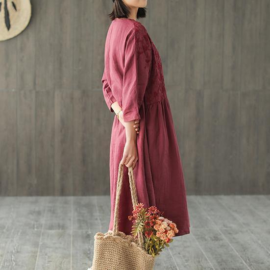 Natural burgundy embroidery Linen clothes Women o neck half sleeve short summer Dresses - Omychic
