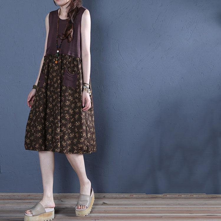 Natural chocolate print linen clothes o neck pockets tunic summer Dress - Omychic