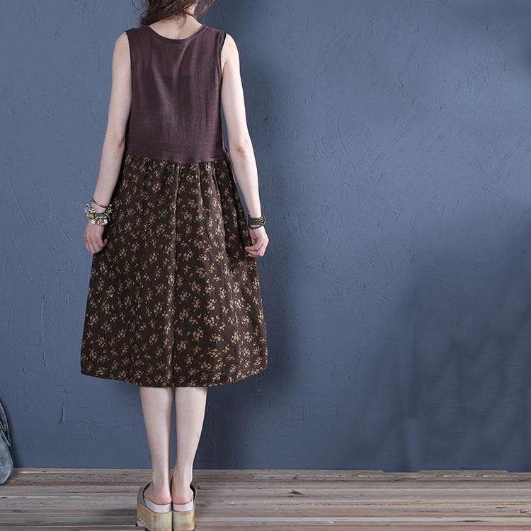 Natural chocolate print linen clothes o neck pockets tunic summer Dress - Omychic
