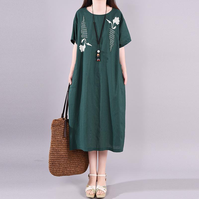 Natural clothes Indian Cotton Linen Embroidery Round Neck Dress - Omychic