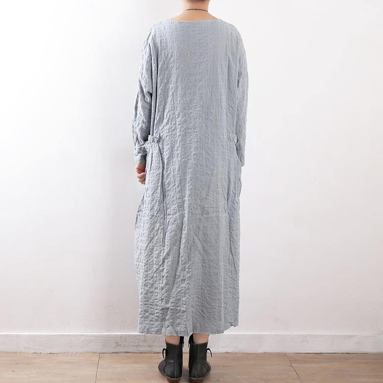 Natural cotton linen clothes For Women Fitted o neck pockets Runway light blue long Dress - Omychic