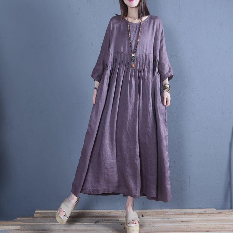 Natural dark purple linen cotton dress o neck wrinkled loose spring Dress - Omychic