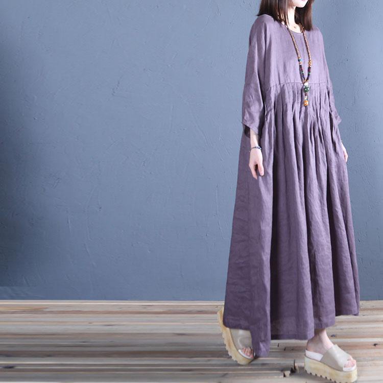 Natural dark purple linen cotton dress o neck wrinkled loose spring Dress - Omychic