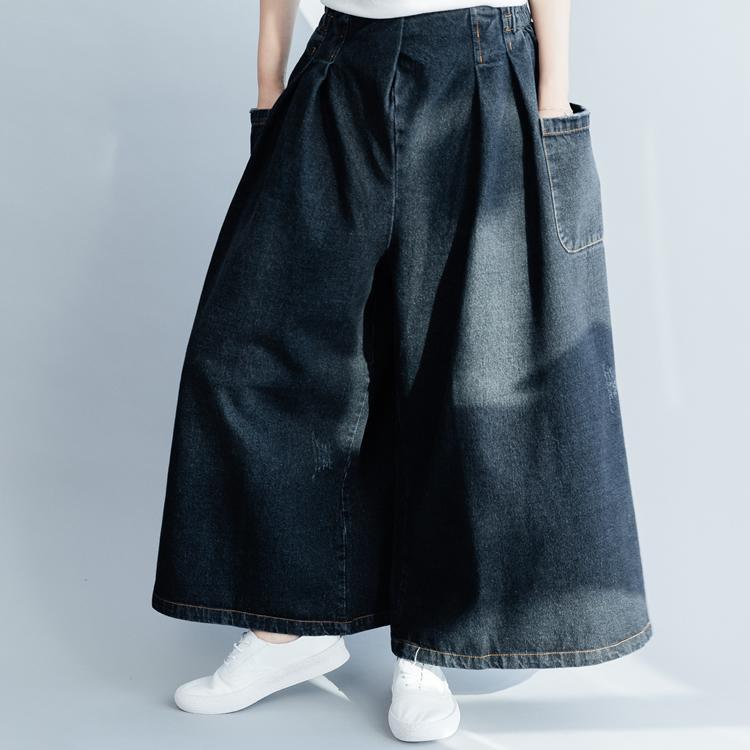 Natural denim black cotton wide leg pants pockets spring pants - Omychic