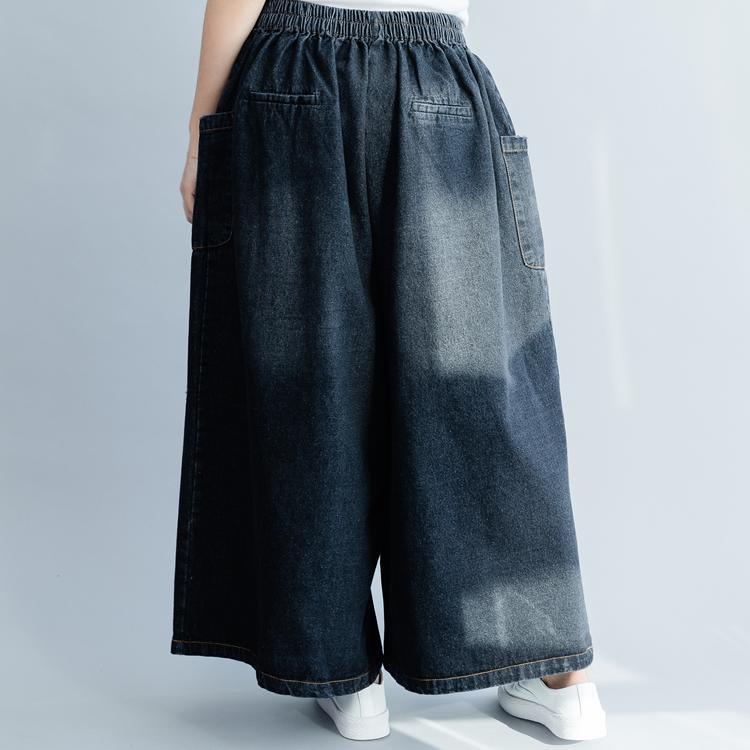 Natural denim black cotton wide leg pants pockets spring pants - Omychic