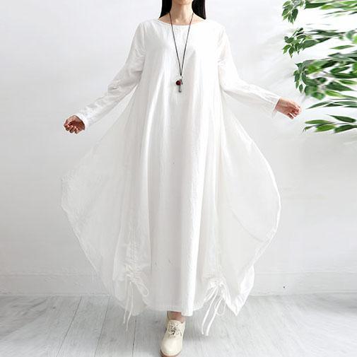 Natural drawstring hem cotton linen Soft Surroundings Fabrics white o neck Dresses autumn - Omychic