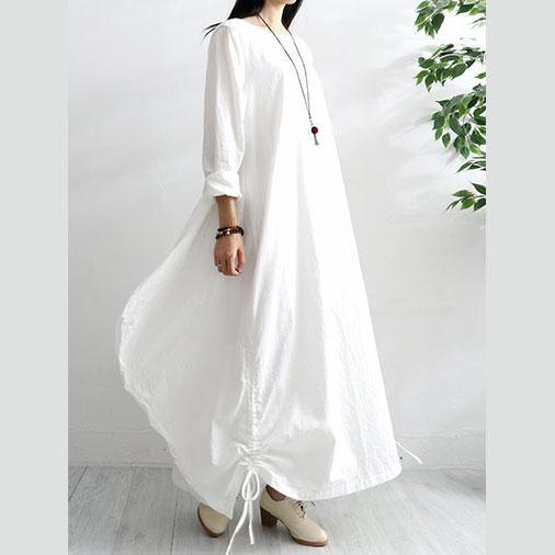 Natural drawstring hem cotton linen Soft Surroundings Fabrics white o neck Dresses autumn - Omychic