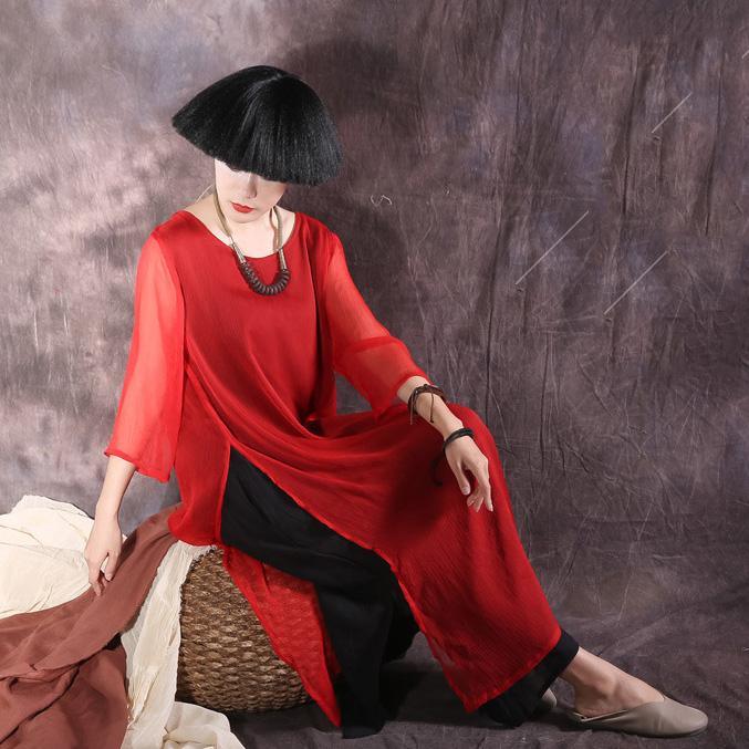 Natural false two pieces silk clothes Wardrobes red side open long Dress summer - Omychic