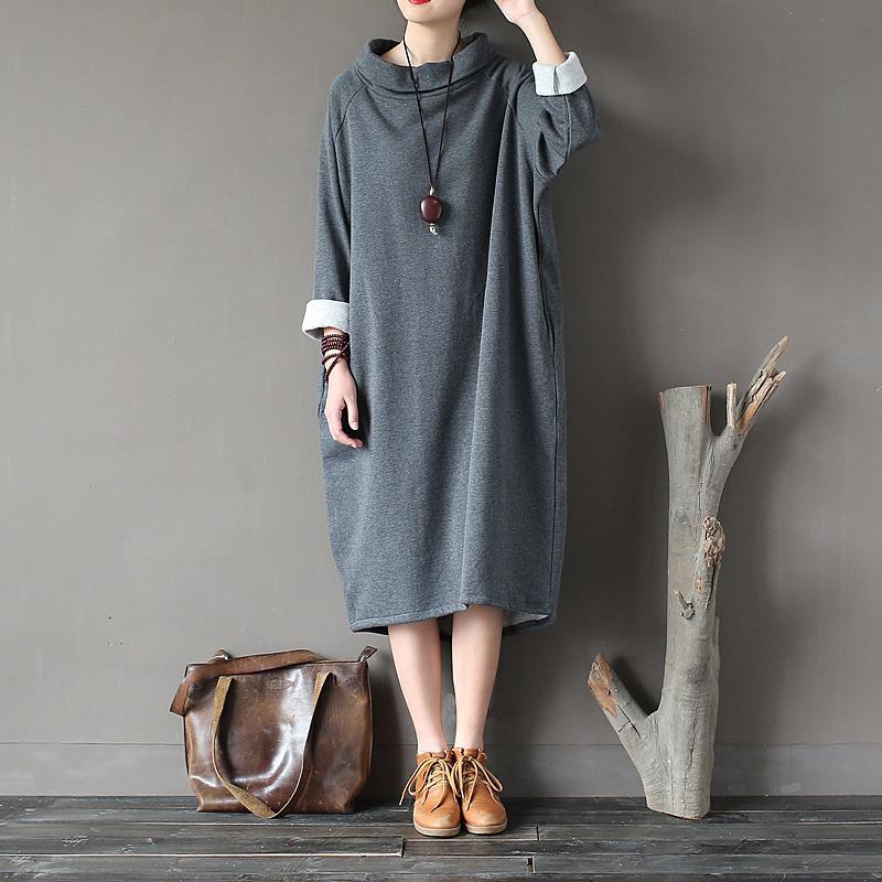 Natural gray cotton quilting clothes Organic high neck patchwork Dress - Omychic