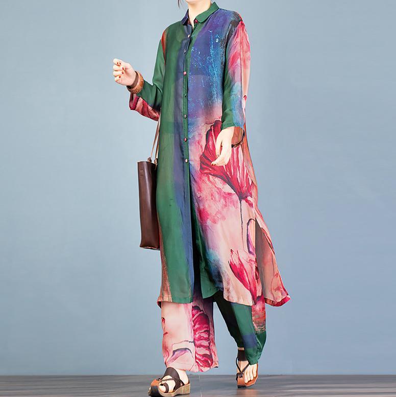 Natural green print lapel side open long cardigan and elastic waist wide leg pants - Omychic