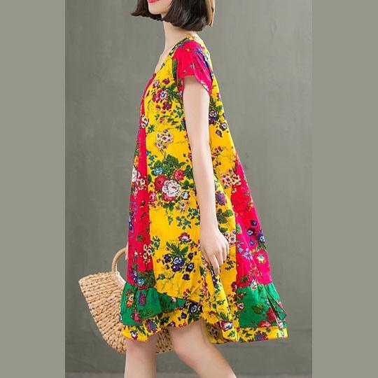 Natural green print linen o neck patchwork daily summer Dresses - Omychic
