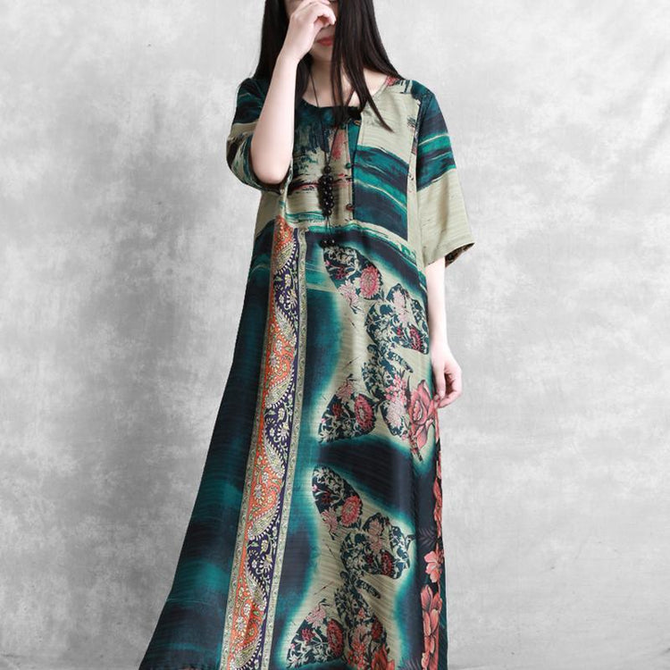 Natural half sleeve silk Robes Sewing green prints Dresses - Omychic