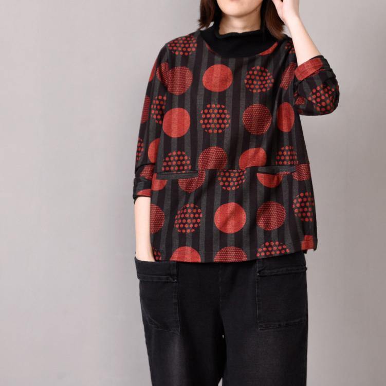Natural high neck pockets cotton box top Inspiration red dotted shirts - Omychic
