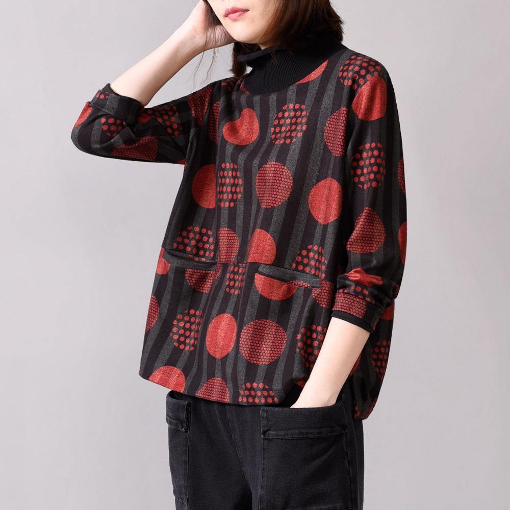 Natural high neck pockets cotton box top Inspiration red dotted shirts - Omychic