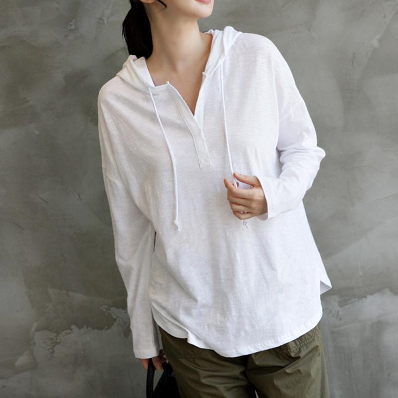Natural hooded cotton fall tops women blouses Photography white shirt - Omychic