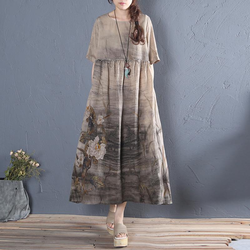 Natural khaki print cotton quilting clothes o neck Plus Size summer Dress - Omychic