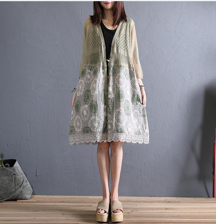 Natural lace patchwork linen clothes Fabrics light green cardigan summer - Omychic